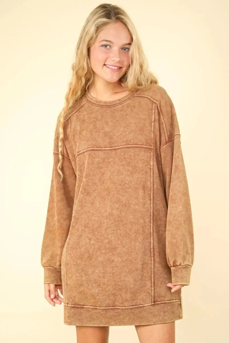 Very J Mineral Washed Oversized Sweatshirt Mini Dress - Love Salve